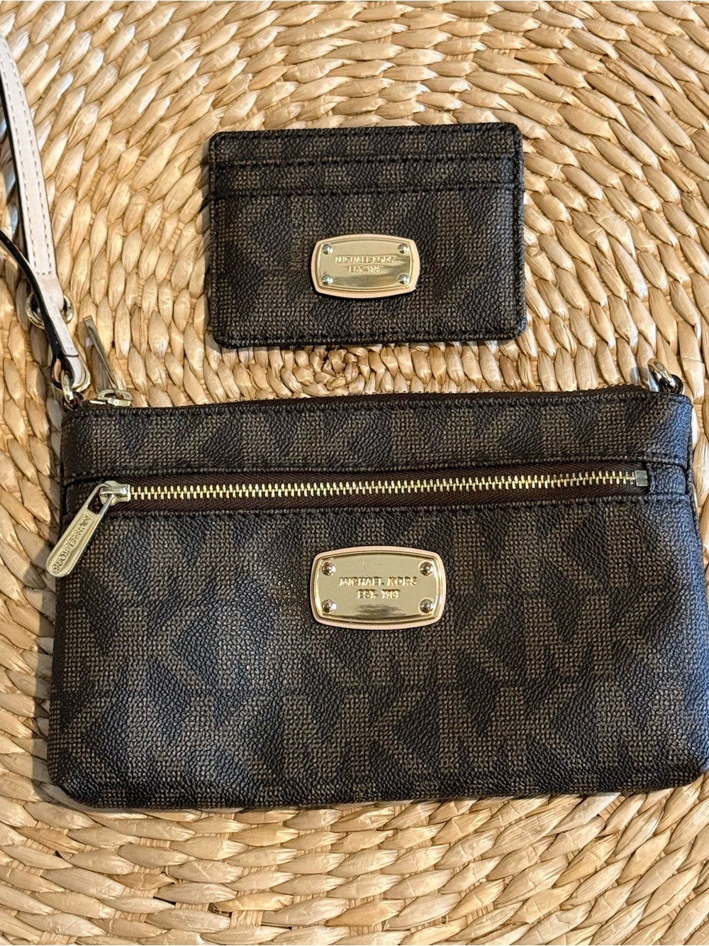Michael Kors Brown MK Signature Wristlet + Card Holder 2-Piece Set